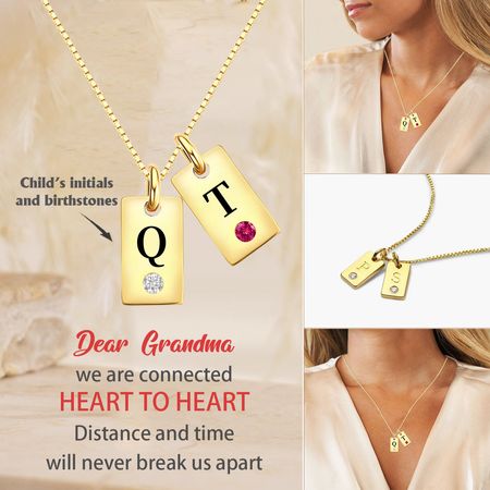 Personalized Gold Tag Necklace – Grandchildrens Initials & Birthstones, Meaningful Gift for Grandma