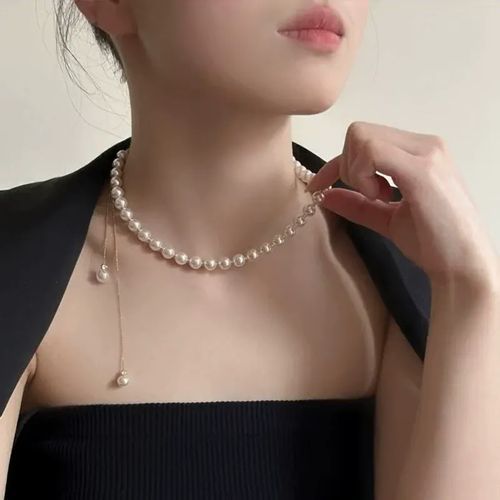 Fahion Parisian Glide Pearl Choker Petit Pavé Chain w Curated Drop - Sculptural Décolleté