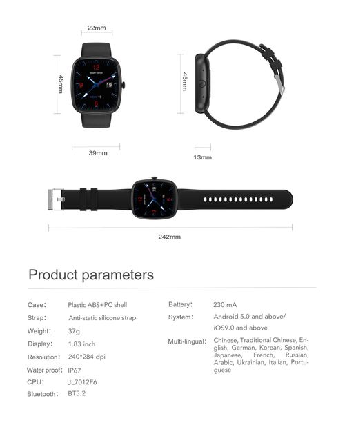 Smartwatch - Black - Fitness Tracker with Heart Rate, BT Call, Sleep Monitor