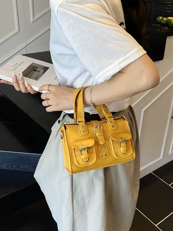 European and American retro lychee pattern handbag versatile multi-pocket motorcycle bag shoulder and crossbody bag