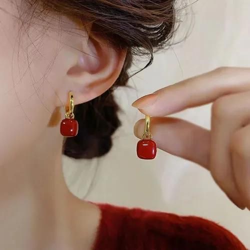 Fashion Ella Wine Red Cube Drop Earrings Convertible Clip,Post Hook Backs
