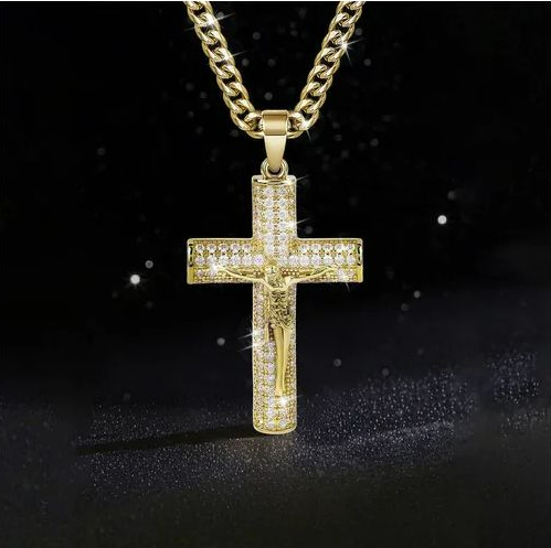 Large Gold Cross Pendant Necklace with 18K Gold-Plated Chain