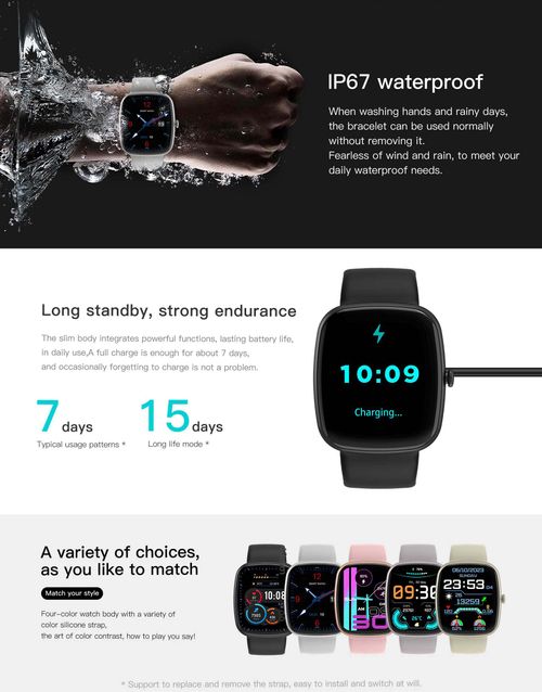 Smartwatch - Black - Fitness Tracker with Heart Rate, BT Call, Sleep Monitor