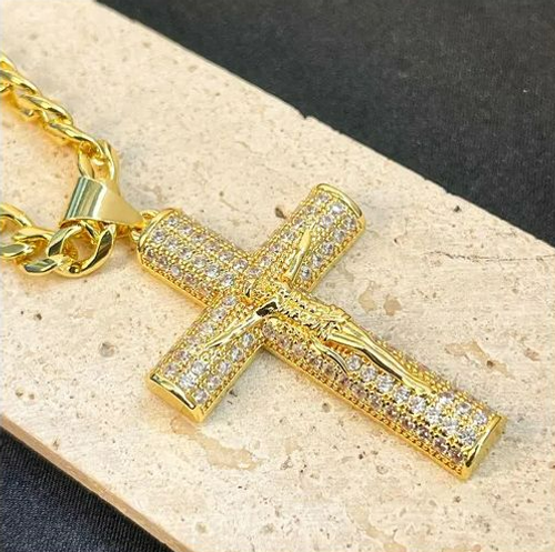 Large Gold Cross Pendant Necklace with 18K Gold-Plated Chain