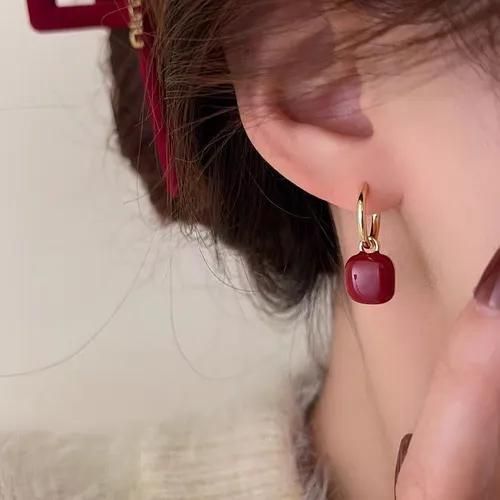 Fashion Ella Wine Red Cube Drop Earrings Convertible Clip,Post Hook Backs
