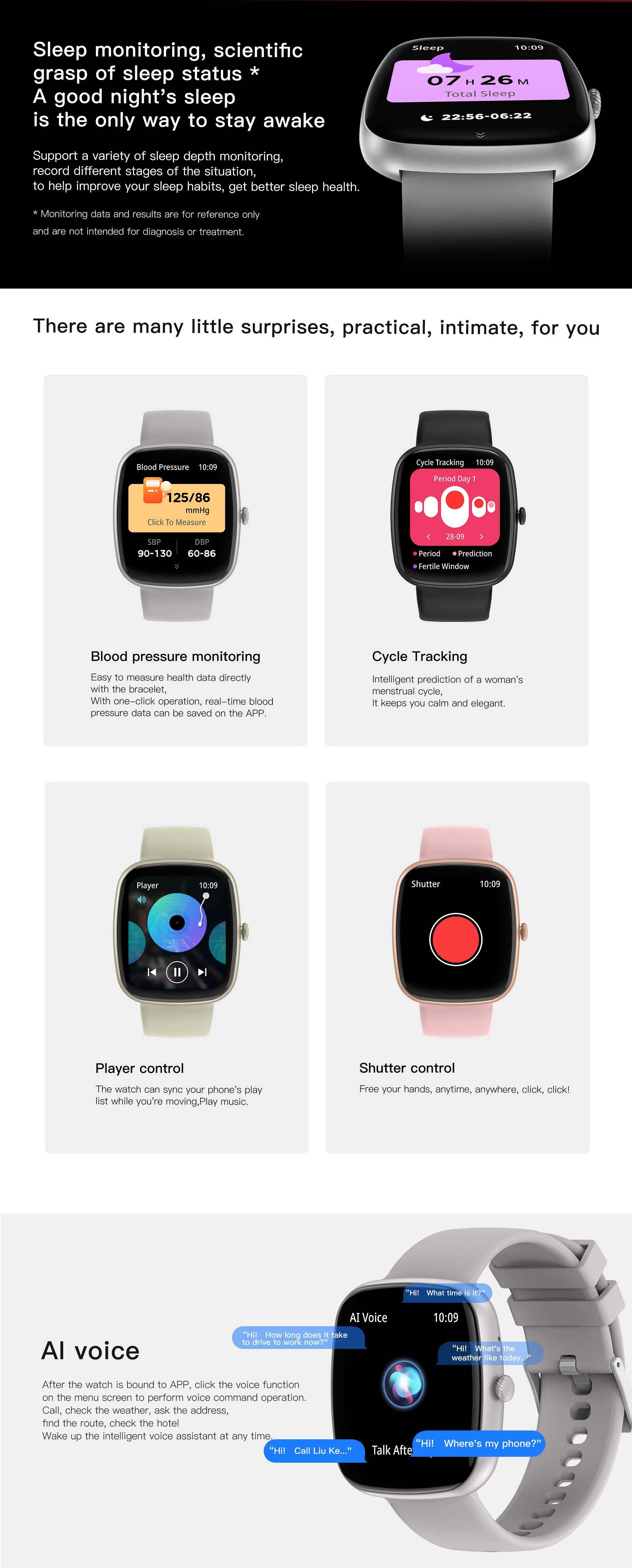 Smartwatch - Black - Fitness Tracker with Heart Rate, BT Call, Sleep Monitor