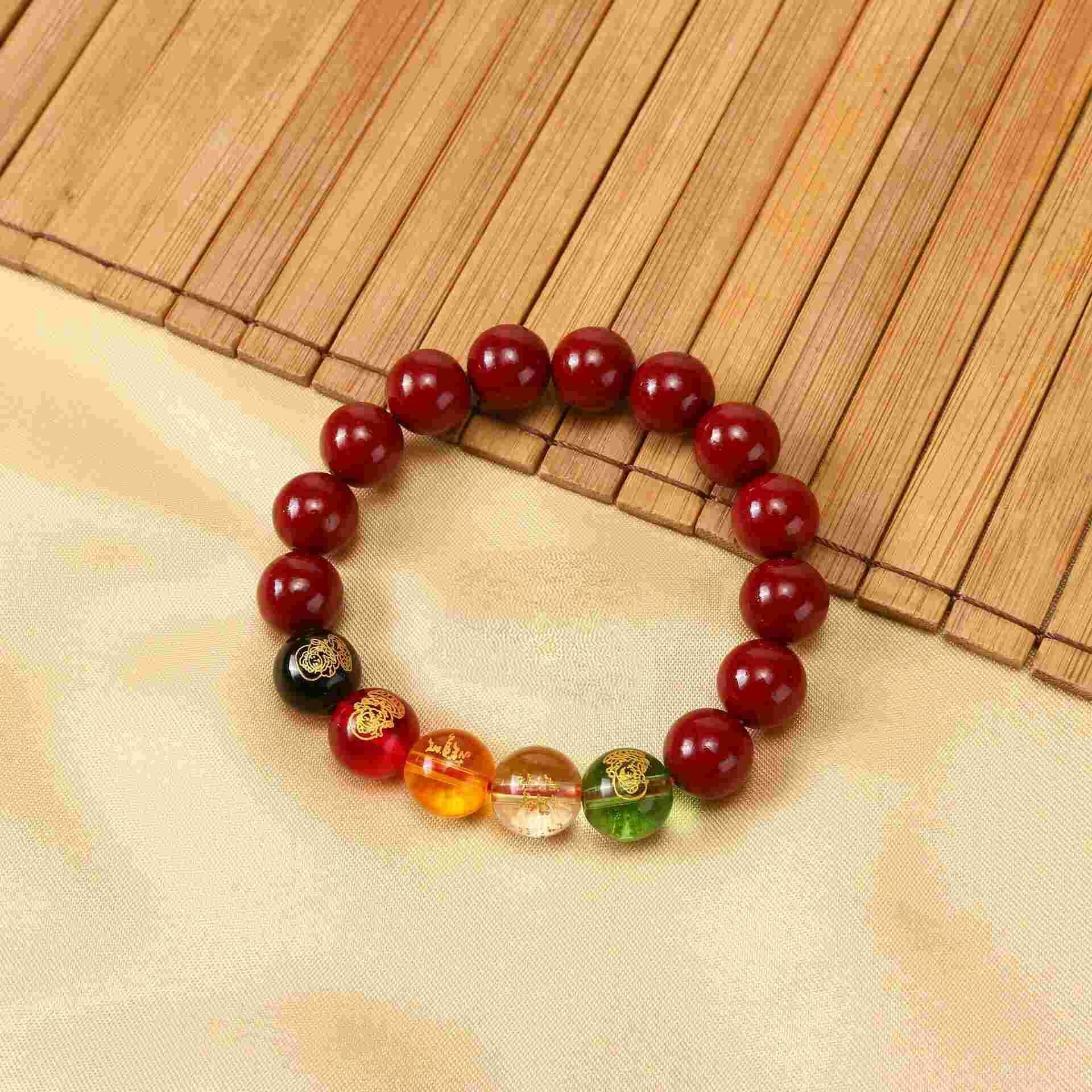 Good Luck Attract Money Beaded Bracelet Feng Shui Five God of Wealth Cinnabar Energy Stone Bead Bracelet