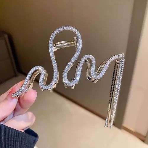 Fashion Clips Silver Rhinestone Hair Grab Clip - High-Grade Tassel Chain