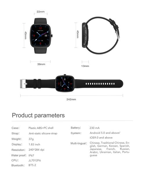 Smartwatch - Black - Fitness Tracker with Heart Rate, BT Call, Sleep Monitor