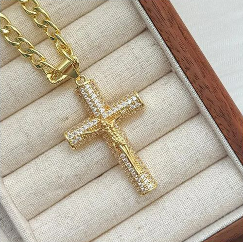Large Gold Cross Pendant Necklace with 18K Gold-Plated Chain