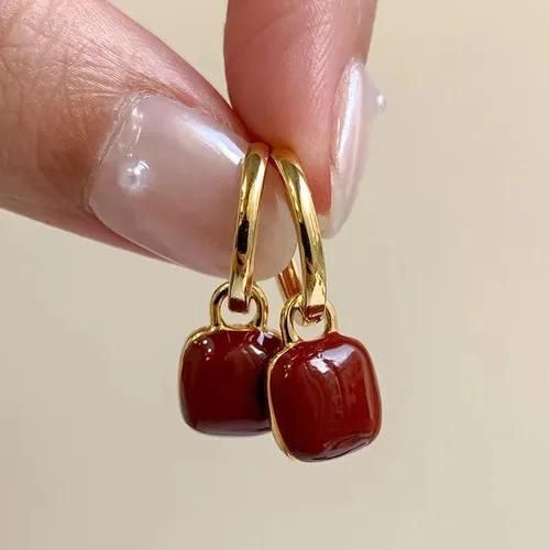Fashion Ella Wine Red Cube Drop Earrings Convertible Clip,Post Hook Backs