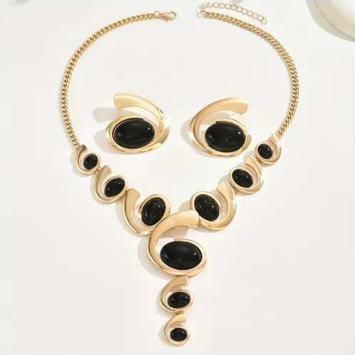 1 Set Boho Classic 2pcs Women'S Jewelry Set, Spiral Snail Shape with Black Rhinestone Inlay, Y-Necklace and Earrings, Alloy, Versatile for Daily and Party Wear