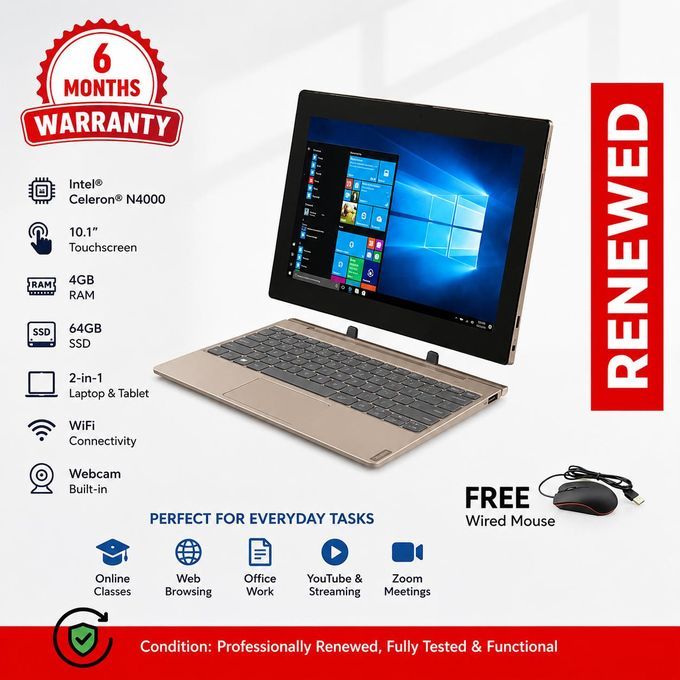 Lenovo Renewed IdeaPad D330 2in1 Laptop 10.1 Touchscreen 4GB RAM 64GB SSD Intel Celeron WiFi Webcam Free Mouse