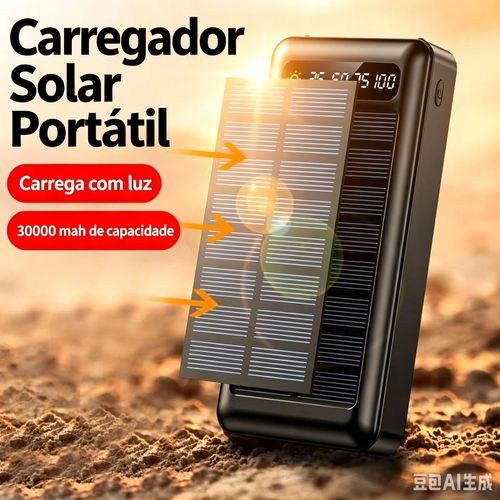 Powerbank Solar 20000mAh | 4 Cabos Integrados, Display Digital, Lanterna LED, Carregamento Rápido Portátil