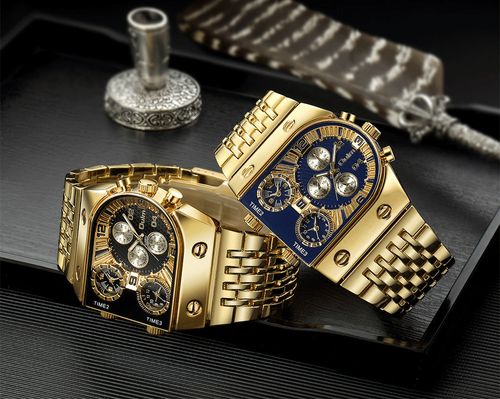 Relógio de pulso com movimento de quartzo de aço inoxidável, grande painel de mostrador e vários fusos horários de alta qualidade.