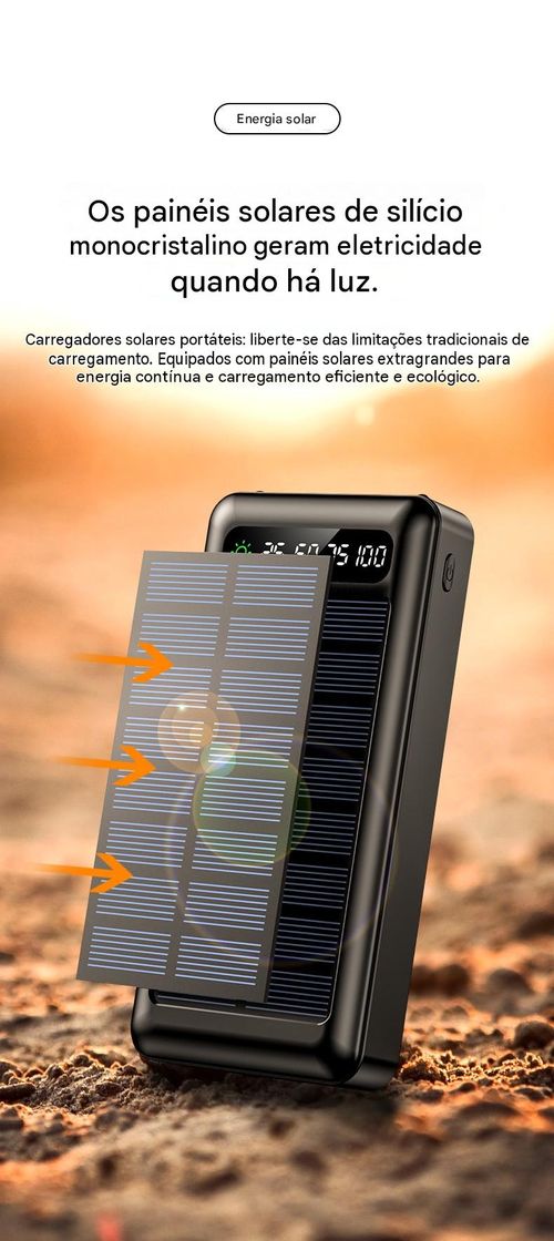 Powerbank Solar 20000mAh | 4 Cabos Integrados, Display Digital, Lanterna LED, Carregamento Rápido Portátil