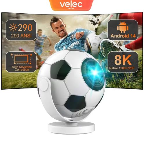 Projetor Mini de Bola de Futebol | Android 14, WiFi6, BT5.4, 720P + 8K, Áudio HIFI, Portátil para Casa e Exterior
