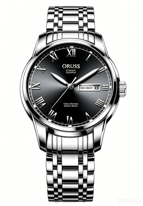 Men's Watch with Roman Numerals, Silver Steel Band & Black Dial