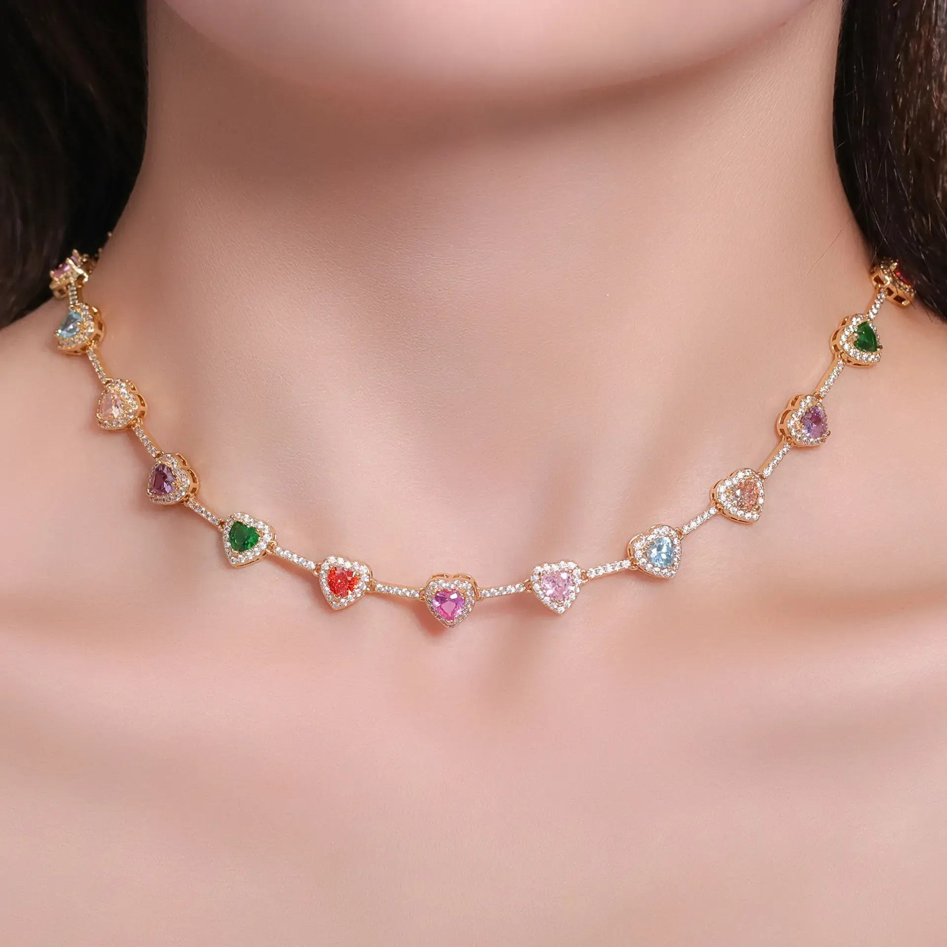 New hot-selling 18k gold-plated non-fading ethnic necklace Ins style heart zircon beaded necklace