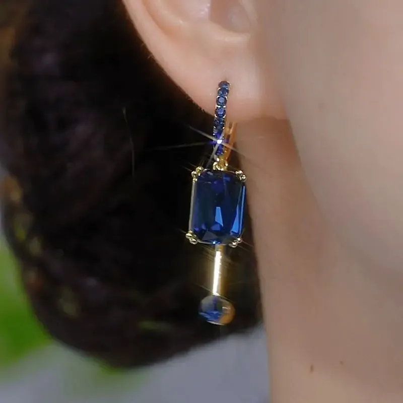 Blue square crystal earrings, light luxury, high-end niche unique earrings