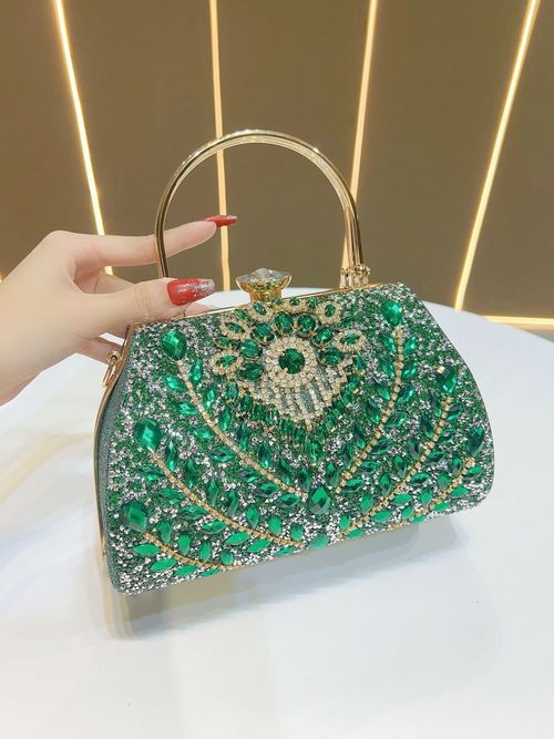 Luxury 2025 Diamond Evening Handbag Durable Hardware with Polyester Fabric Green Wedding Purse Fashionable Rhinestone Dinner Bag
