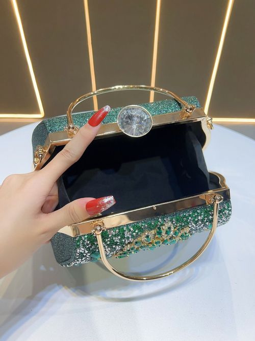 Luxury 2025 Diamond Evening Handbag Durable Hardware with Polyester Fabric Green Wedding Purse Fashionable Rhinestone Dinner Bag