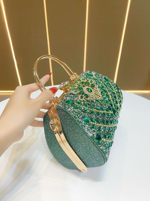 Luxury 2025 Diamond Evening Handbag Durable Hardware with Polyester Fabric Green Wedding Purse Fashionable Rhinestone Dinner Bag