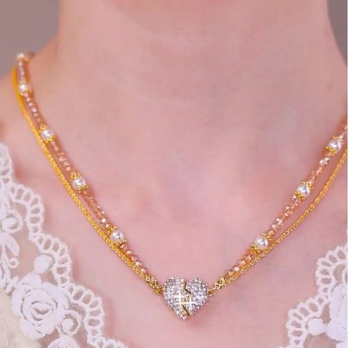 High-End Double-Layer Heart Magnetic Pendant Pearl Necklace - Light Luxury, Niche Design, Versatile & Elegant Collarbone Chain