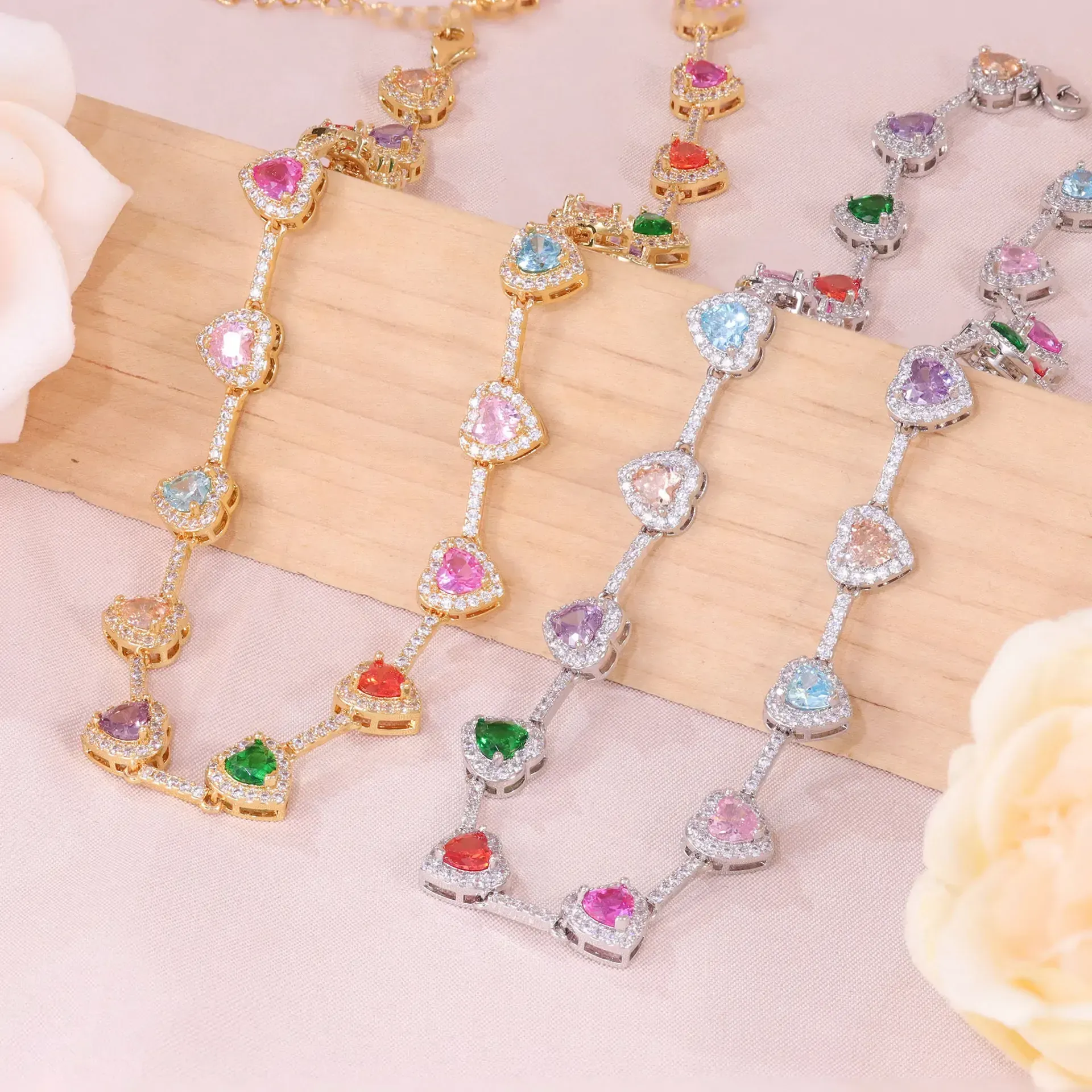 New Hot-Selling 18K Gold-Plated Non-Fading Ethnic-Style Bracelets & Necklaces, INS-Style Heart Zircon Beaded Jewelry