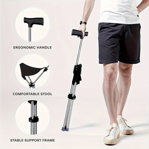 Two-in-One Foldable Cane and Stool 300 Pounds Capacity, Portable Compact Design with Locking Mechanism - Suitable for 30 Uses: Hiking, Camping, Outdoor Activities - Compact Chair, Folding Seat, Mountaineering Pole, Stand-Up Cane, Aluminum Alloy Folding Chair, Outdoor Rock Climbing Tool, etc