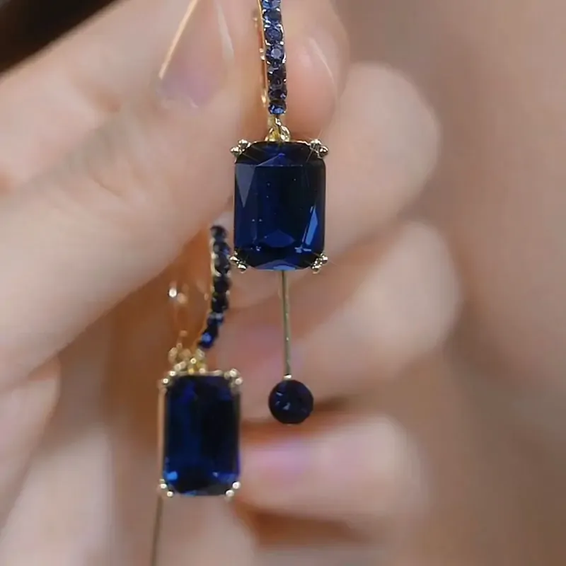 Blue square crystal earrings, light luxury, high-end niche unique earrings