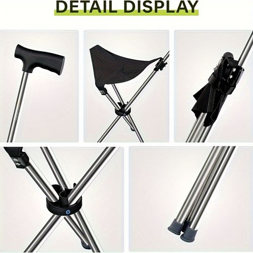 Two-in-One Foldable Cane and Stool 300 Pounds Capacity, Portable Compact Design with Locking Mechanism - Suitable for 30 Uses: Hiking, Camping, Outdoor Activities - Compact Chair, Folding Seat, Mountaineering Pole, Stand-Up Cane, Aluminum Alloy Folding Chair, Outdoor Rock Climbing Tool, etc