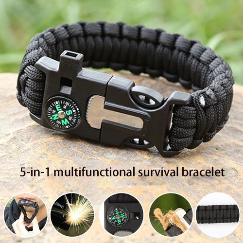 7-core paracord braided survival bracelet with whistle, flint, and compass