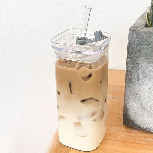 Modern-style rectangular glass cup glass coffee cup with a straw
