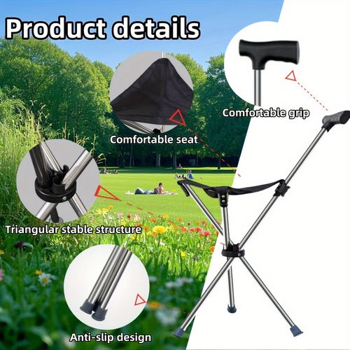 Two-in-One Foldable Cane and Stool 300 Pounds Capacity, Portable Compact Design with Locking Mechanism - Suitable for 30 Uses: Hiking, Camping, Outdoor Activities - Compact Chair, Folding Seat, Mountaineering Pole, Stand-Up Cane, Aluminum Alloy Folding Chair, Outdoor Rock Climbing Tool, etc