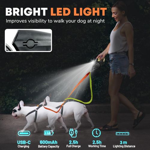 Automatic Retractable Double Dog Leash Heavy Duty Pet Leash with Light