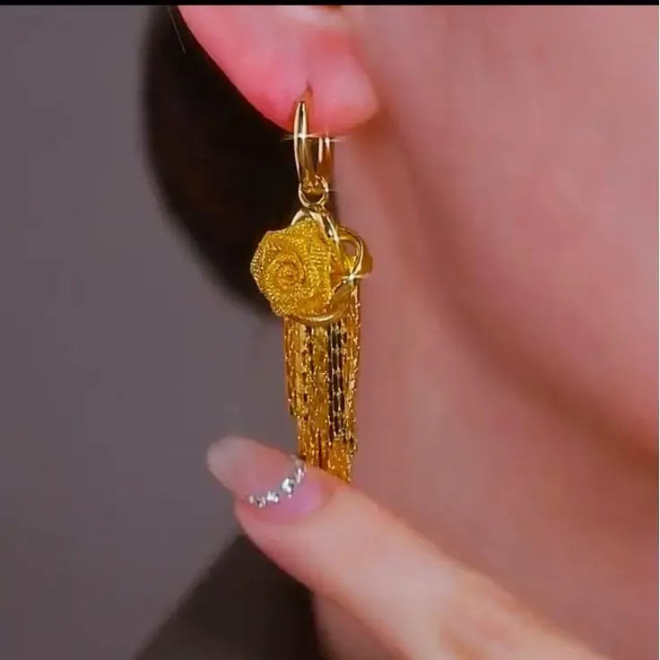 French-style high-end luxury rose tassel earrings