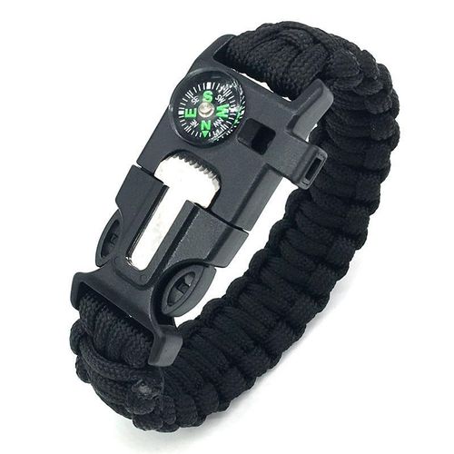 7-core paracord braided survival bracelet with whistle, flint, and compass