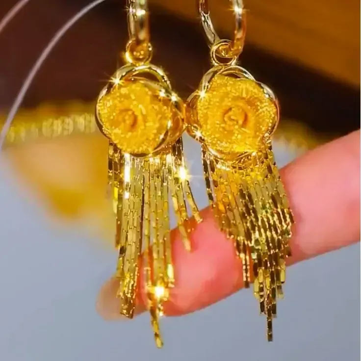 French-style high-end luxury rose tassel earrings