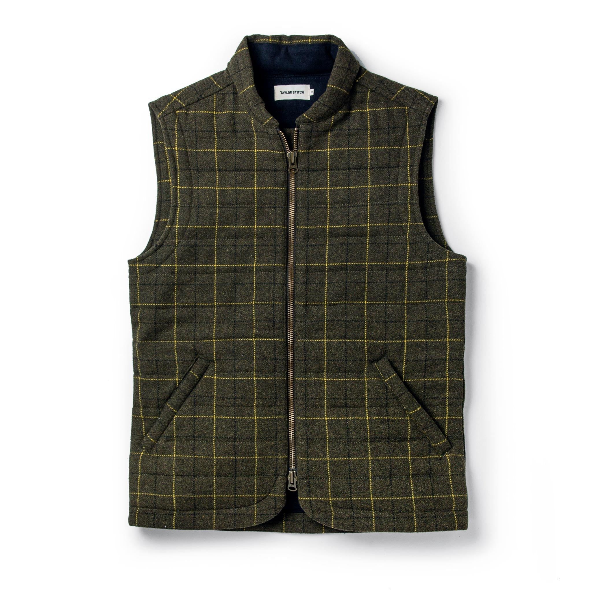 Naeec Vertical Vest in Olive Plaid Wool