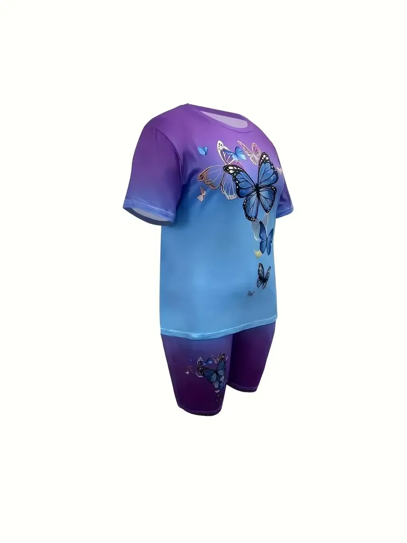 💏💏Ladies gradient suit, butterfly pattern, round neck short sleeve with pocket pants💏💏