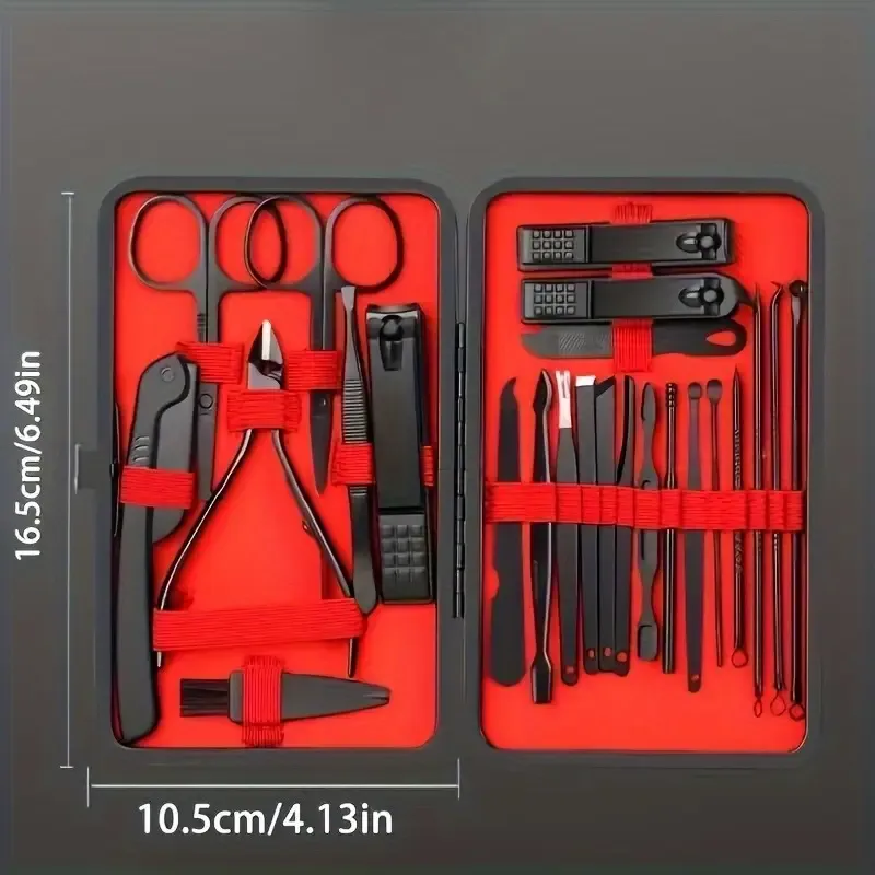 24pcs Deluxe Manicure & Pedicure Set - Ultra Sharp Stainless Steel Nail Clippers, Scissors, File, and Grooming Tools in Stylish Black & Red Case - Professional Quality Kit for Perfect Fingernails & Toenails, Full Set, Sturdy