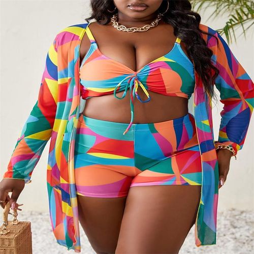 Contrast Color Women's Swimwear Set, 3-Piece Conservative Bikini With Cover-Up, Slimming Bathing Suit