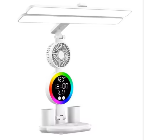 Eye protection LED desk lamp with time display, foldable horizontal touch control LED study reading desk lamp with clock, fan and pen holder