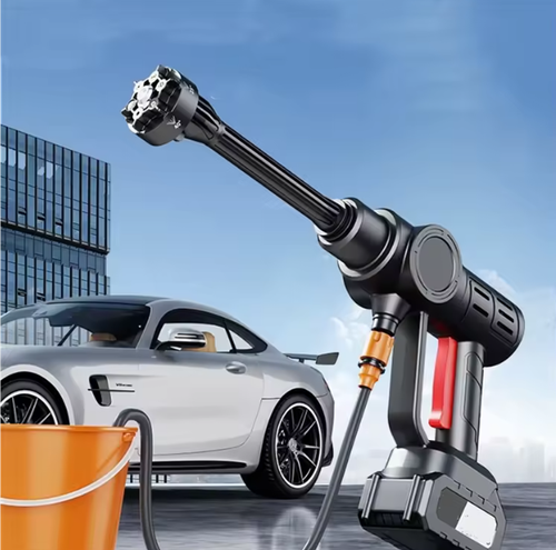 6-in-1 nozzle car wash pressure washer with spray gun, folding hose, and lithium battery.