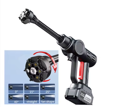 6-in-1 nozzle car wash pressure washer with spray gun, folding hose, and lithium battery.
