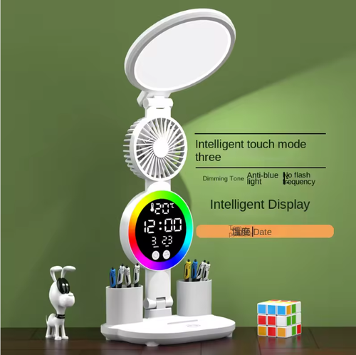 Eye Protection LED Desk Lamp Time Display Folding Round Touch Control LED Study Reading Desk Lamp with Clock Fan Pen Holder