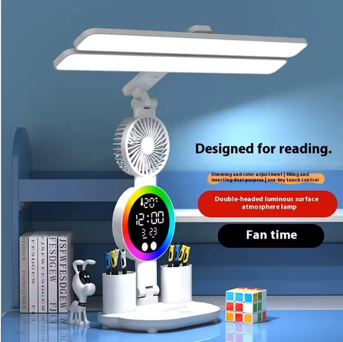 Eye protection LED desk lamp with time display, foldable horizontal touch control LED study reading desk lamp with clock, fan and pen holder