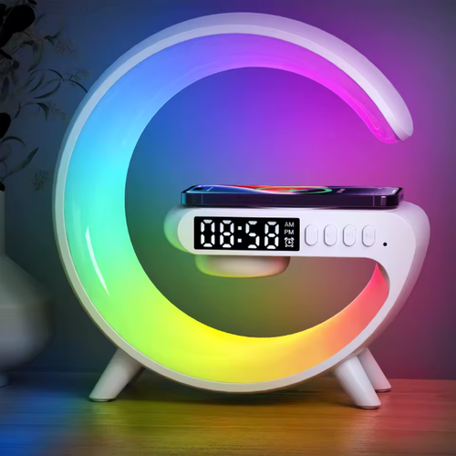 G-Light Smart Speaker with Clock and Music Control, Natural White Noise RGB Ambient Light, 15W Wireless Charging Desk Lamp