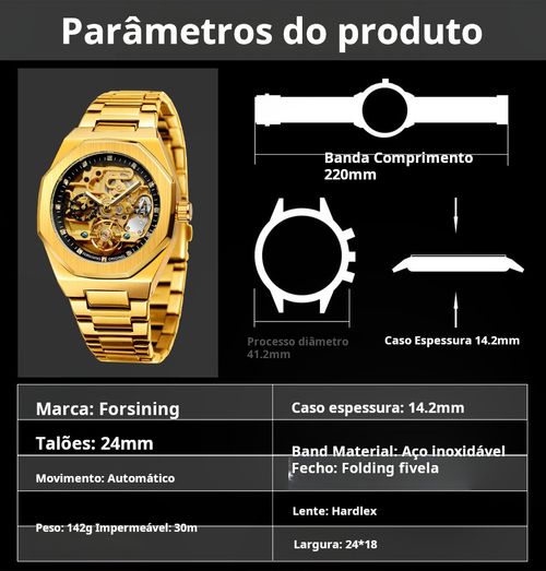 Novo relógio mecânico automático masculino casual à prova de água com strass vazado